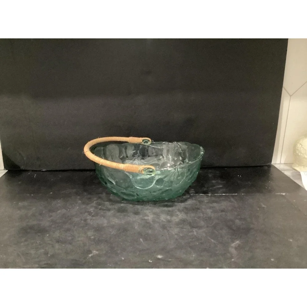 Vintage Libbey Green Glass Orchard Fruit Basket With Wicker Handle ~ 10
